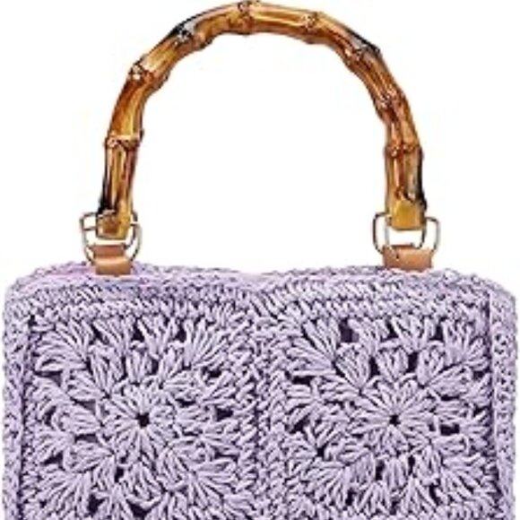2 For $20 Lilac Crochet Handbag with Bamboo Handles – Boho Summer Shoulder Purse - Picture 1 of 4